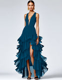 Black A Line Deep V-Neck Ruffled Long Formal Dress with Slit