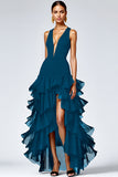 Black A Line Deep V-Neck Ruffled Long Formal Dress with Slit