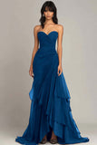 Ink Blue Sweetheart Ruched Ruffled Formal Dress with Slit