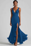 Ink Blue Chiffon Ruffled Maxi Ruffled Formal Dress with Slit