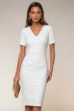 Navy Bodycon V Neck Short Sleeves Midi Work Dress