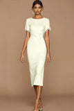 White Bodycon Jewel Neck Midi Wedding Reception Dress with Sleeves