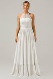 Ivory A-Line Halter Pleated Keyhole Chiffon Bridesmaid Dress With Lace