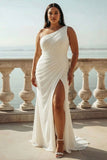 Ivory Chiffon Plus Size One Shoulder Ruched Beach Maxi Engagement Dress with Slit