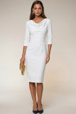 Navy Bodycon Cowl Neck Long Sleeves Midi Work Dress