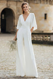 Ivory V-Neck Half Sleeves Wedding Jumpsuits with Pockets