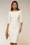 Navy Boat Neck Pencil Midi Work Dress with Slit
