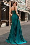Dark Green Mermaid Corset Sequins Satin Prom Dress with Side Cape
