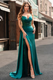 Dark Green Mermaid Corset Sequins Satin Prom Dress with Side Cape