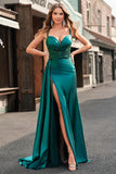 Dark Green Mermaid Corset Sequins Satin Prom Dress with Side Cape