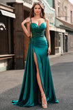 Dark Green Mermaid Corset Sequins Satin Prom Dress with Side Cape