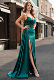 Dark Green Mermaid Corset Sequins Satin Prom Dress with Side Cape