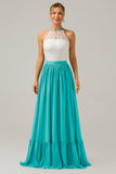 Ivory A-Line Halter Pleated Keyhole Chiffon Bridesmaid Dress With Lace