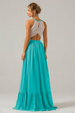Ivory A-Line Halter Pleated Keyhole Chiffon Bridesmaid Dress With Lace