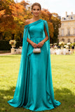 Dark Green Long One Shoulder Chiffon Wedding Guest Dress with Cape