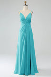 A-Line Pleated Spaghetti Straps Chiffon Bridesmaid Dress With Slit
