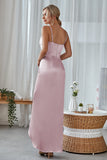 Dusty Rose Satin Irregular Sheath Long Bridesmaid Dress