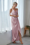 Dusty Rose Satin Irregular Sheath Long Bridesmaid Dress