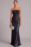 Champagne Satin Mermaid Strapless Ruched Long Formal Dress with Appliques