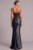 Champagne Satin Mermaid Strapless Ruched Long Formal Dress with Appliques