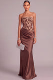 Champagne Satin Mermaid Strapless Ruched Long Formal Dress with Appliques