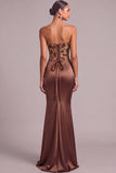 Champagne Satin Mermaid Strapless Ruched Long Formal Dress with Appliques