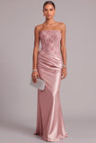 Champagne Satin Mermaid Strapless Ruched Long Formal Dress with Appliques