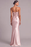 Champagne Satin Mermaid Strapless Ruched Long Formal Dress with Appliques
