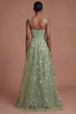 Green Corset Long A Line Appliqued Tulle Prom Dress with Slit