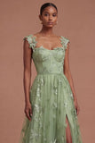 Green Corset Long A Line Appliqued Tulle Prom Dress with Slit