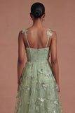 Green Corset Long A Line Appliqued Tulle Prom Dress with Slit