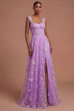 Green Corset Long A Line Appliqued Tulle Prom Dress with Slit