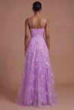 Green Corset Long A Line Appliqued Tulle Prom Dress with Slit