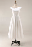 Simple White Off the Shoulder A Line Midi Engagement Dress