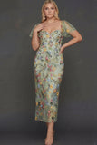 Floral Mauve Tulle Sheath Midi Wedding Guest Dress with Sleeves