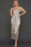 Floral Mauve Tulle Sheath Midi Wedding Guest Dress with Sleeves