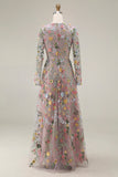 Mauve Floral A Line Embroidered Maxi Prom Dress with Sleeves
