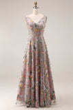 Plus Size Floral Mauve V-Neck A Line Long Wedding Guest Dress with Slit