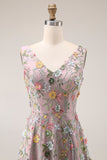Plus Size Floral Mauve V-Neck A Line Long Wedding Guest Dress with Slit