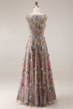 Plus Size Floral Mauve V-Neck A Line Long Wedding Guest Dress with Slit
