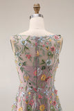 Plus Size Floral Mauve V-Neck A Line Long Wedding Guest Dress with Slit