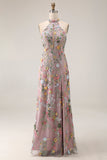 Mauve Floral Halter Neck Mermaid Long Formal Dress with Slit
