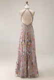 Mauve Floral Halter Neck Mermaid Long Formal Dress with Slit