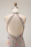 Mauve Floral Halter Neck Mermaid Long Formal Dress with Slit
