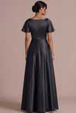 A Line Ivory Satin Square Neck Long Wedding Reception Dress with Short Sleeves