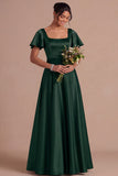 A Line Ivory Satin Square Neck Long Wedding Reception Dress with Short Sleeves