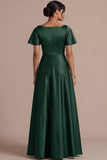 A Line Ivory Satin Square Neck Long Wedding Reception Dress with Short Sleeves