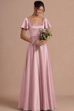 A Line Ivory Satin Square Neck Long Wedding Reception Dress with Short Sleeves
