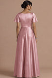 A Line Ivory Satin Square Neck Long Wedding Reception Dress with Short Sleeves