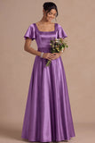 A Line Ivory Satin Square Neck Long Wedding Reception Dress with Short Sleeves